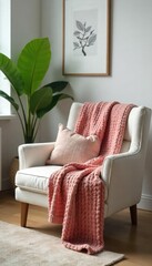 Cozy knit throw draped casually over a modern armchair in a bright living room, perfect for chilly evenings , fireplace, winter
