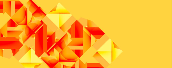 Abstract geometric shapes, vibrant orange hues dominate composition. Yellow background provides contrast, dynamic visual effect.