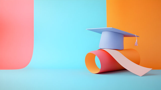 un birrete de graduacion sobre un diploma sobre un fondo colorido con espacio de copia fin de cursos termino del curso o de clases escolares