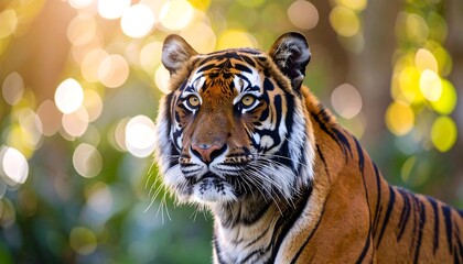 Obraz premium Majestic Tiger Portrait in Lush Green Forest Sunlight