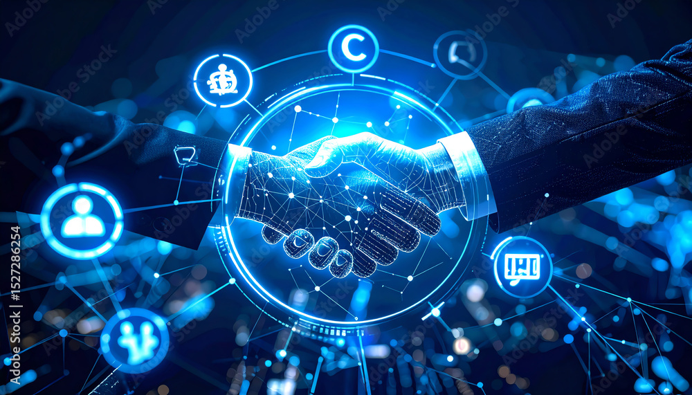 Poster digital handshake symbolizing collaboration and innovation in technology, surrounded by network conn