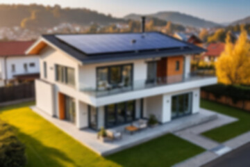 blurry photo of a modern house with solar panels on the roof, sunset light shining on the panels, modern technology, power plant.