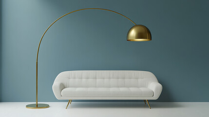 modern living room featuring stylish white sofa and gold arc floor lamp, creating cozy