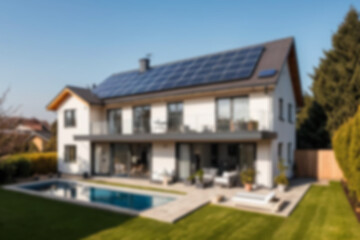 blurry photo of a modern house with solar panels on the roof, sunset light shining on the panels, modern technology, power plant.