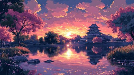 Serene sunset over a tranquil lake with a traditional Asian pagoda