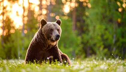 Obraz premium Brown Bear at Sunset in Wildflower Meadow