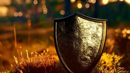 Protective shield bathed in sunlight in the forest as a symbol for safeguarding values and beliefs in nature - Powered by Adobe