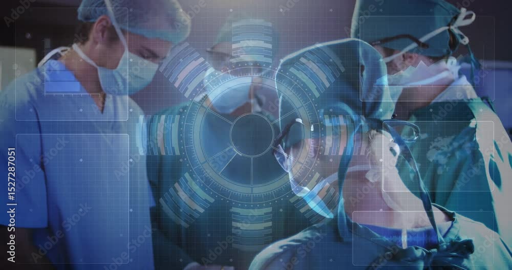 Poster surgical team adjusting console and guiding incision with rotating hud displaying live patient data