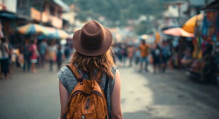 Young woman traveler walking on busy exotic street, blurred background, travel concept