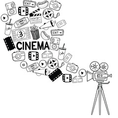 Hand drawn doodle Cinema set. Vector illustration. Movie making icons. Film symbols collection. Set of Cinema outline doodle hand drawn vector illustration