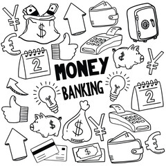 Set of money and banking related objects and elements. Hand drawn doodle illustration collection isolated on white background. Editable stroke or outline. Money banking