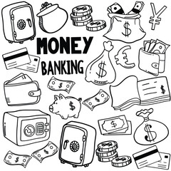 Set of money and banking related objects and elements. Hand drawn doodle illustration collection isolated on white background. Editable stroke or outline. Money banking