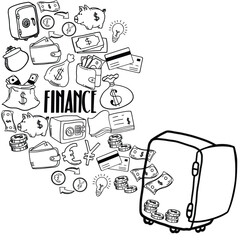Doodle finance good for background. Financial and business icons vector set. Money, business, finance and charts, infographics, goal, communication and success. Vector illustration.