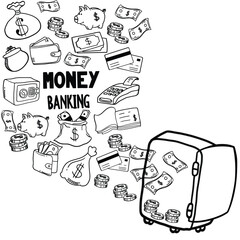 Set of money and banking related objects and elements. Hand drawn doodle illustration collection isolated on white background. Editable stroke or outline. Money banking
