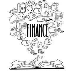 Doodle finance good for background. Financial and business icons vector set. Money, business, finance and charts, infographics, goal, communication and success. Vector illustration.