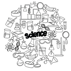 Set of laboratory equipment in black and white outlined doodle style. Hand drawn childish chemistry and science icons set. Elements, formulas, test-tube. Vector hand drawn Science Doodle Elements