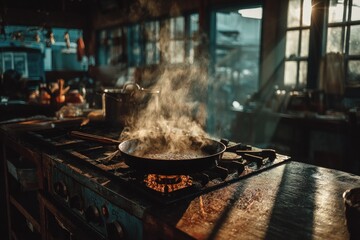 Frying Pan on Gas Stove with Steam
