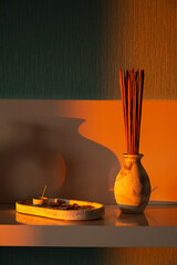 Burnt Incense Stick on a Tray and Vase with More Sticks for Aroma, Relaxation and Meditation at...