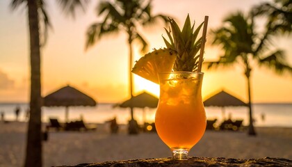 Orange Tropical Cocktail at Sunset Beach