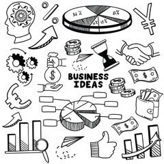 Business idea and business plan vector doodles. Set of business doodle elements made in vector. Idea, businessman, creative thinking, progress, graphs and all other kinds of business related elements