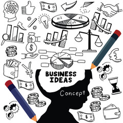 Business idea and business plan vector doodles. Set of business doodle elements made in vector. Idea, businessman, creative thinking, progress, graphs and all other kinds of business related elements