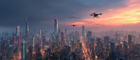 Futuristic Cityscape at Sunset with Drones