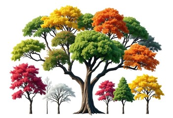 Isolated vector illustration of a collection of diverse trees, forming a tree set against a white background,  digital,  trunks
