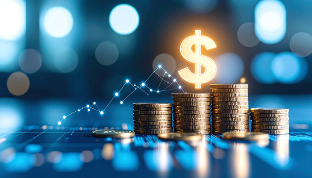 Stacks of coins with a glowing dollar sign and a rising graph, symbolizing financial growth and investment trends in a digital context