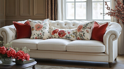 Cozy white sofa with floral pillows, perfect for warm living space