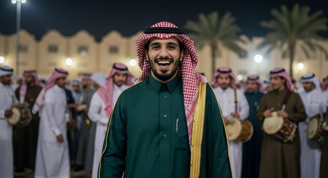 Joyful Man in Traditional Saudi Attire at Night Celebration