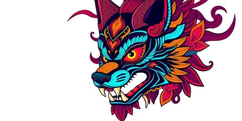 Intricate, vibrant kitsune mask design; semi-flat vector illustration, ready for customization,   spiritual,  design