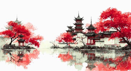Chinese landscape painting with pavilions and towers by river, red maple trees, white flowers, flying birds, watercolor