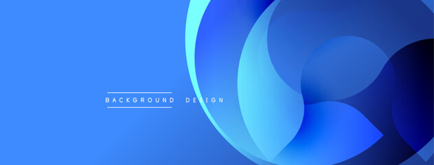 Abstract blue background features overlapping curved shapes. Modern design elements create dynamic visual effect. Simple, clean aesthetic.
