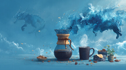 Mystical Coffee Scene with Dragon Spirits and Pour-Over Setup