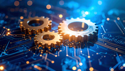 Three golden gears are placed on a blue circuit board background, symbolizing technology, engineering, and innovation in a digital world