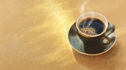 Steaming Coffee Cup on Golden Textured Background