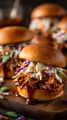 Close Up Of Delicious Pulled Pork Sliders With Coleslaw On Wooden Board Showing Detailed Texture And Shallow Depth Of Field