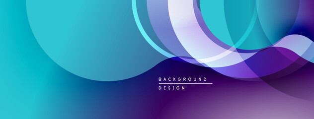 Abstract gradient background. Overlapping circles create dynamic flow. Purple, blue hues dominate composition. Modern design element.