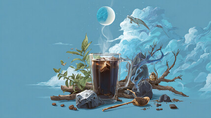 Steaming Hot Coffee Mug in Mystical Forest Setting with Natural Elements