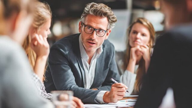Strategic Dialogue: A focused business professional leads a vibrant discussion during a corporate meeting, fostering collaboration and driving decision-making forward.