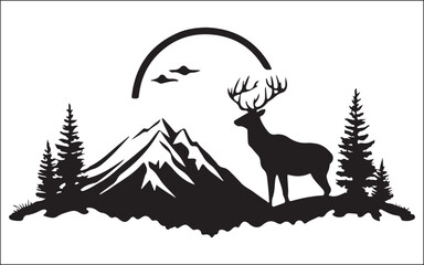 Deer Silhouette with Mountain and Forest Vector Wildlife Scene