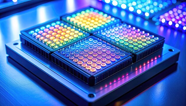 Biosensor microarray glowing with active spots across a precision nanotech diagnostic platform