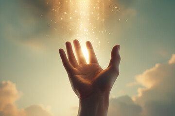 An open human hand reaching toward the sky, palm facing upward, bathed in soft divine light descending from above. The atmosphere is serene and spiritual, symbolizing acceptance and surrender 
