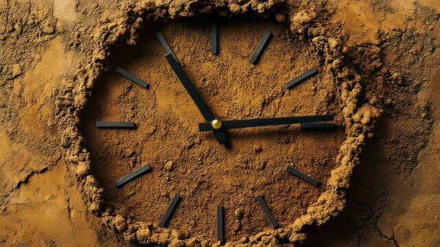 A slow zoom in on the clock face formed in the sand The minute and hour hands slowly rotate clockwise, marking the passage of time Fine grains of sand subtly shift and settle around the edges 4K
