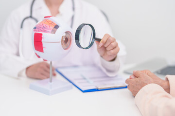 Elderly Patient consulting Doctor to Eye disease, Senior Medical Diagnosis. Anatomy Eye model for...
