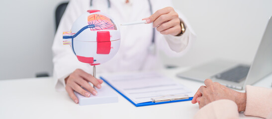 Elderly Patient consulting Doctor to Eye disease, Senior Medical Diagnosis. Anatomy Eye model for Cataract, Glaucoma, Age Related Macular Degeneration, Diabetic Retinopathy, Vitreous, health concept