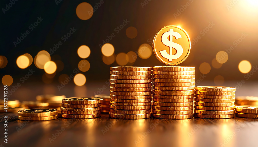 Poster stacks of golden coins with a shining dollar symbol, illuminated by soft light, create a luxurious a