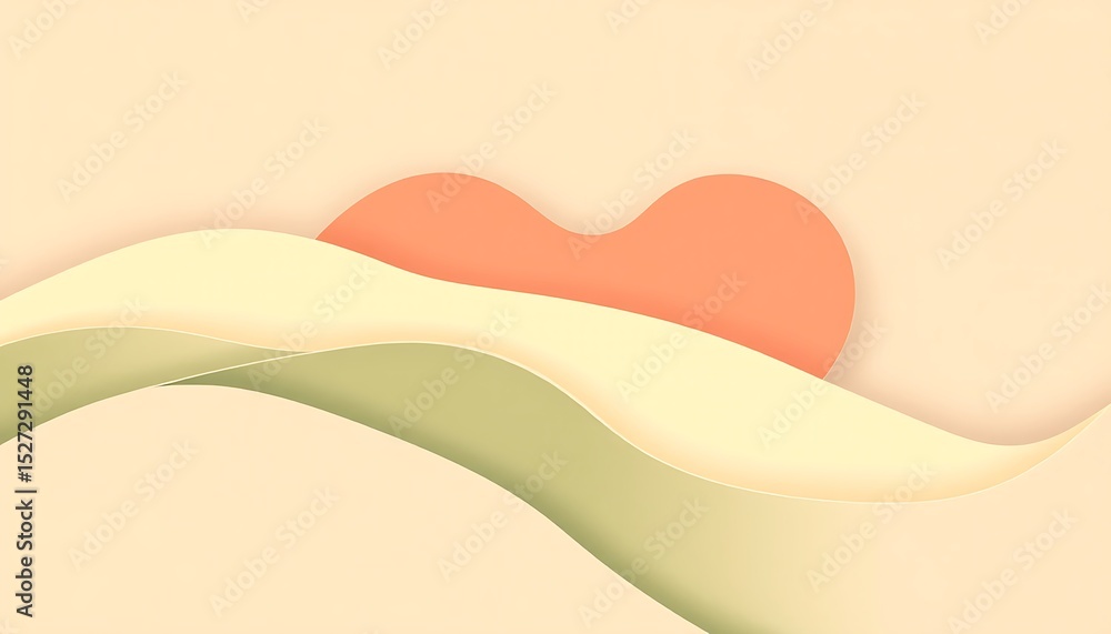 Poster soft color paper cut style landscape with undulating layers and a setting sun for backgrounds