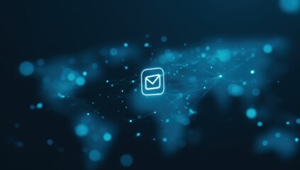 Global email network.  Abstract world map with email icon, connected by lines, digital