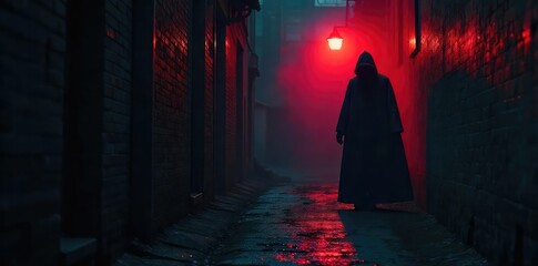 A shadowy figure lurking in a dark alley, shrouded in mystery and suspicion; a clear depiction of malice and ill intent , fear, despicable